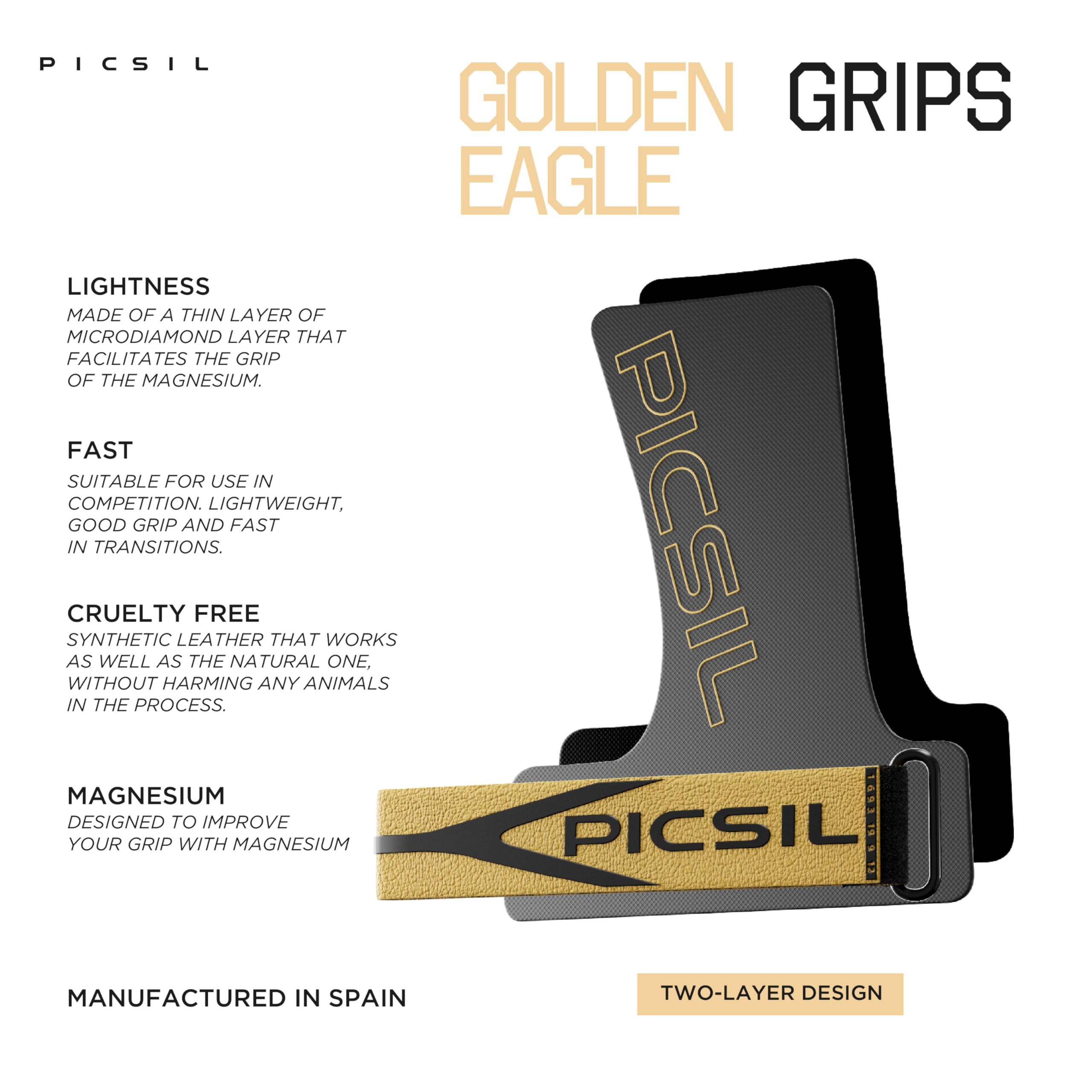 PICSIL Golden Eagle Hand Grips, Fingerless Grip Gloves Wrist Support for Weightlifting & Gymnastics with Micro-Diamond Technology for Magnesium Retention, Blocks Tears & Blisters - Image 3